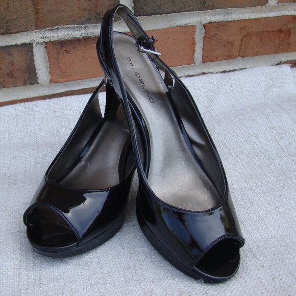 Bandolino Shoes - Bandolino black patent leather platform peep toe back buckle strap pumps, S 8.5